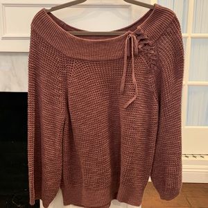 Off the Shoulder Lace-Up Bucket Sleeve Sweater